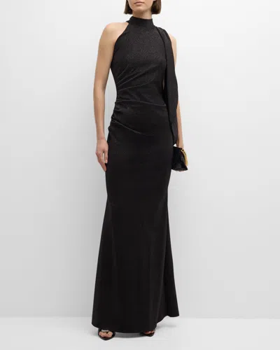Chiara Boni La Petite Robe Pleated Mock-neck Shimmer Gown In Blue