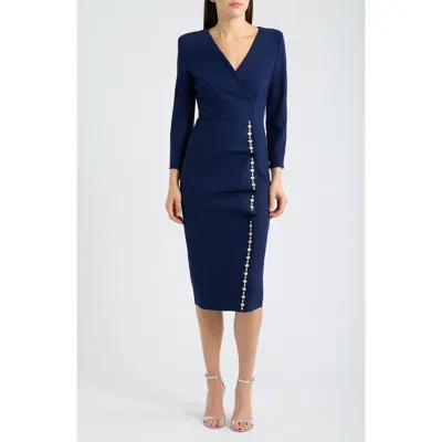 Chiara Boni La Petite Robe Rhinestone Detail Long Sleeve Cocktail Sheath Dress In Blue