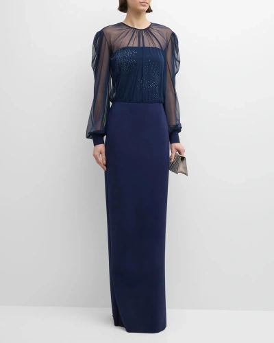 Chiara Boni La Petite Robe Rhinestone-embellished Illusion Column Gown In Navy