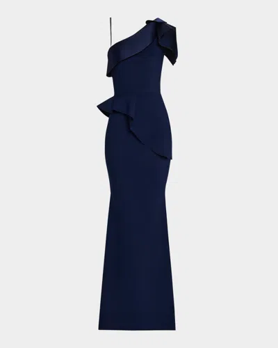 Chiara Boni La Petite Robe Rippyka One-shoulder Peplum Mermaid Gown In Blu Notte