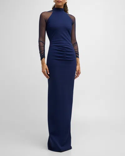 Chiara Boni La Petite Robe Ruched Illusion-sleeve Column Gown In Navy