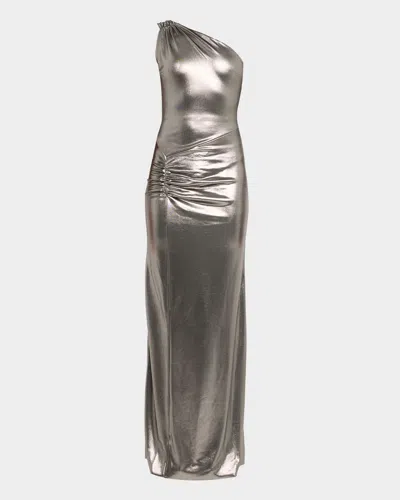 Chiara Boni La Petite Robe Ruched One-shoulder Metallic Jersey Gown