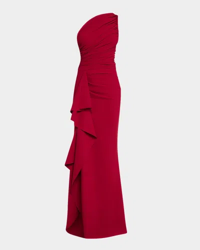 Chiara Boni La Petite Robe Ruched One-shoulder Ruffle Gown In Garnet