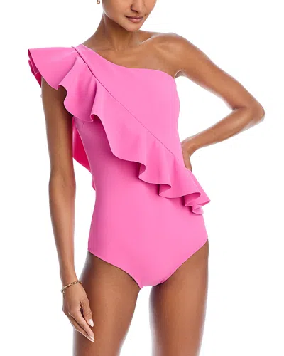Chiara Boni La Petite Robe Ruffled Asymmetric One Piece Swimsuit In Bubblegum