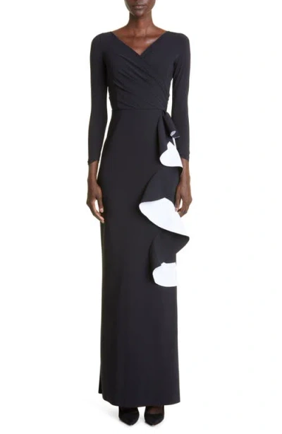 Chiara Boni La Petite Robe Sangiovanna Long Sleeve Ruffle Gown In Nero/bianco