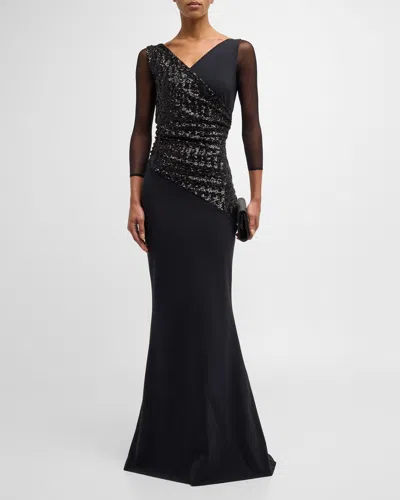 Chiara Boni La Petite Robe Sequin Illusion-sleeve Trumpet Gown In Black