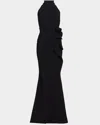 Chiara Boni La Petite Robe Side Ruched Halter Gown With Asymmetric Ruffle In Black
