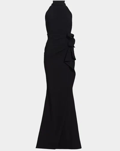 Chiara Boni La Petite Robe Side Ruched Halter Gown With Asymmetric Ruffle In Black