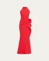Chiara Boni La Petite Robe Side Ruched Halter Gown With Asymmetric Ruffle In Red