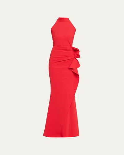 Chiara Boni La Petite Robe Side Ruched Halter Gown With Asymmetric Ruffle In Red