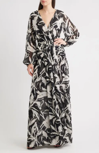 Chiara Boni La Petite Robe Simin Floral Long Sleeve Georgette Gown In Black