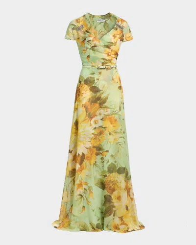 Chiara Boni La Petite Robe Slavka Belted Floral-print Georgette Gown In Green