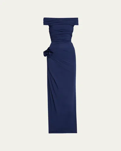 Chiara Boni La Petite Robe Soetsu Off-shoulder Ruched Jersey Gown In Blu Notte