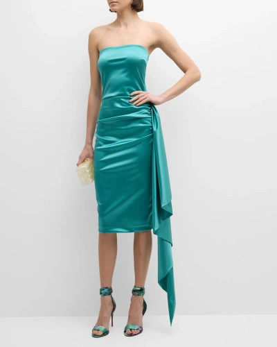 Chiara Boni La Petite Robe Strapless Draped Bodycon Satin Midi Dress In Wave