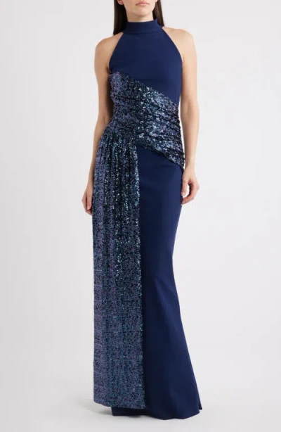 Chiara Boni La Petite Robe Virgo Sequin Drape Mermaid Gown In Blue
