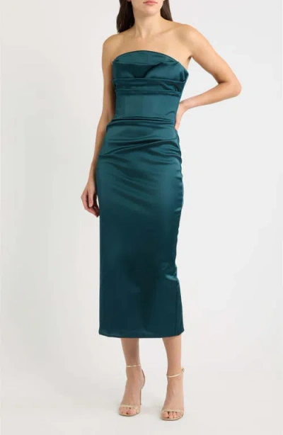 Chiara Boni La Petite Robe Voca Pleated Strapless Satin Midi Cocktail Dress In Green