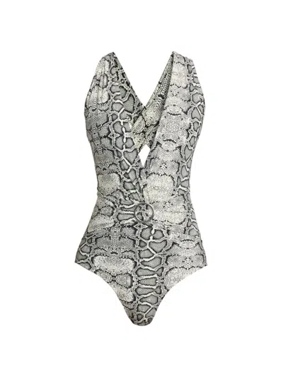 Chiara Boni La Petite Robe Women's Benka Snakeskin-print Belted One-piece Swimsuit In Gray