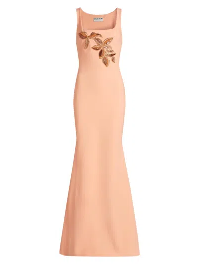 Chiara Boni La Petite Robe Lijia Beaded Applique Trumpet Gown In Brown