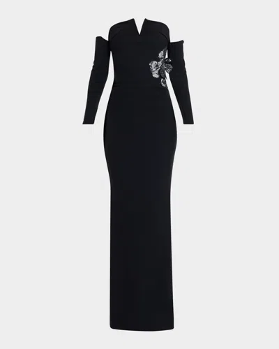 Chiara Boni La Petite Robe Zioni Off-shoulder Sequin Flower Long Gown In Black