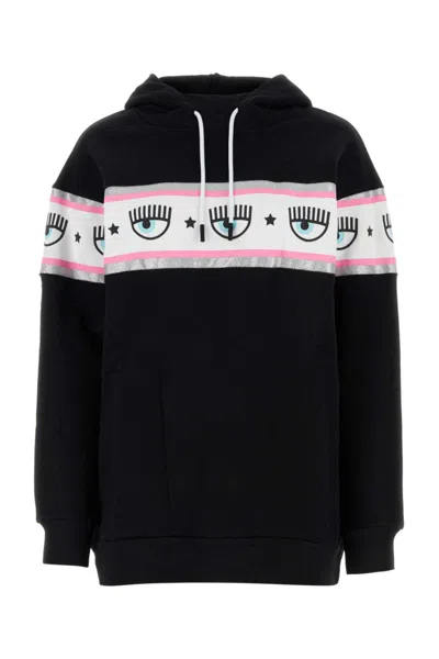 CHIARA FERRAGNI BLACK EYELIKE-EMBOSSED COTTON HOODIE