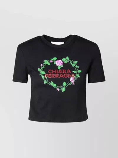 Chiara Ferragni Cropped Cotton T-shirt Embroidered In Black