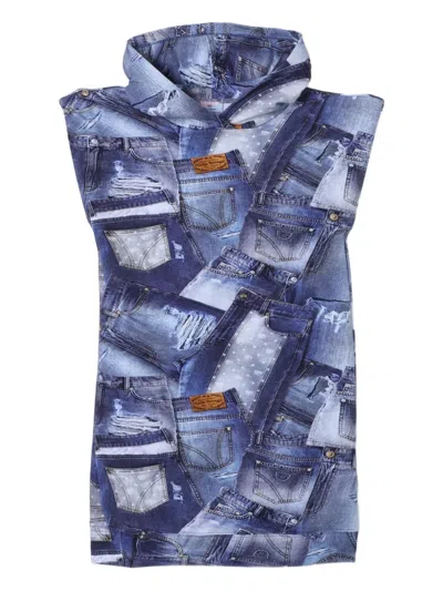 Chiara Ferragni Kids' Denim-print Hooded Casual Dress In Multi