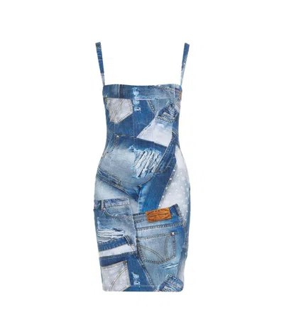 Chiara Ferragni Denim Printed Square Neck Mini Dress In Blue