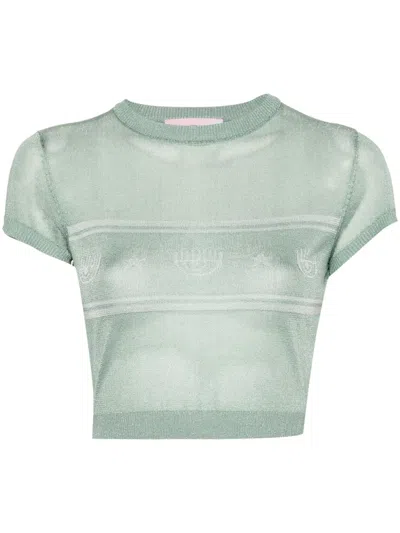 Chiara Ferragni Eyelike-motif Metallic Cropped Jumper In Green