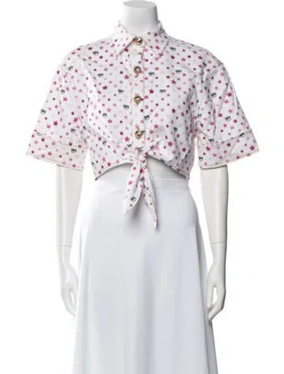 Pre-owned Chiara Ferragni Floral Print Short Sleeve Crop Top In White