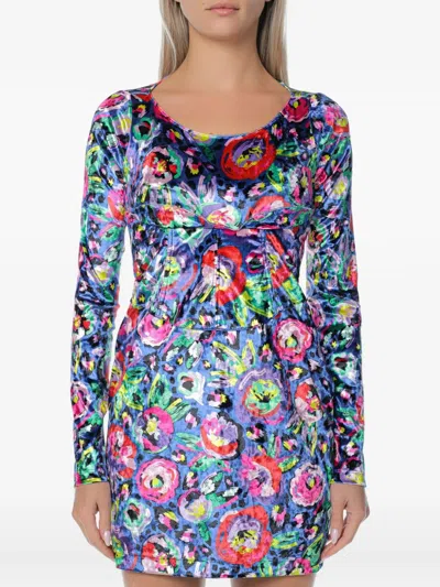 Chiara Ferragni Floral-print Corset-style Long-sleeved Fitted Mini Dress In Blue