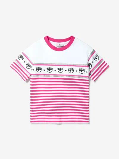 CHIARA FERRAGNI GIRLS COTTON JERSEY STRIPED LOGO T-SHIRT 4 YRS WHITE