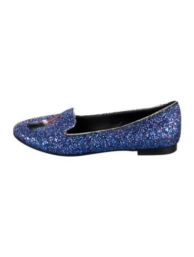 Pre-owned Chiara Ferragni Glitter Graphic Print Loafers In Blue