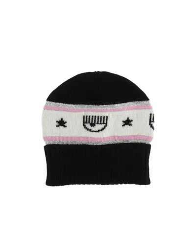 Chiara Ferragni Kids Eyelike Motif Knitted Beanie In Black