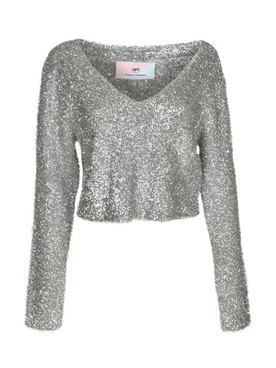 Chiara Ferragni Glittery V-neck Cropped Jumper In Silver