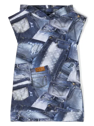 Chiara Ferragni Kids' Patchwork-print Hooded Dress In Blue
