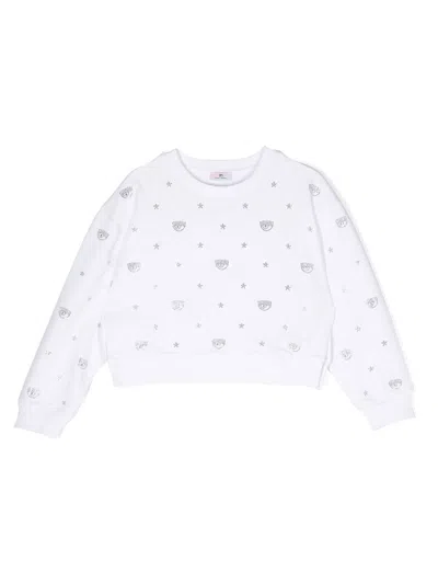 Chiara Ferragni Kids' Rhinestone Cotton Sweatshirt In 白色