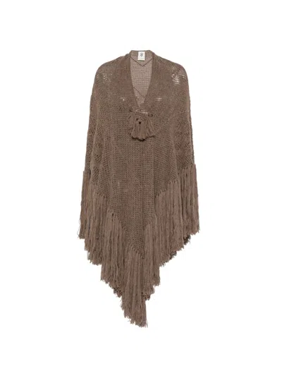 Chiara Is Fringed-hem Crochet-knit Cape In Brown