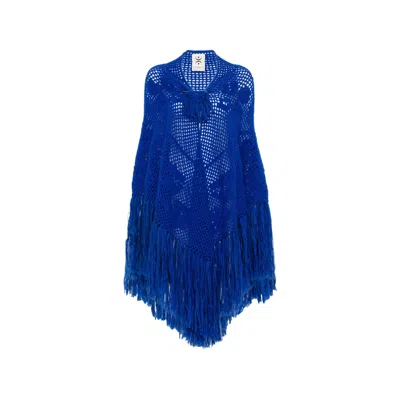 Chiara Is Scialle Coperta Peonia Crochet-knit Fringed Poncho In Blue