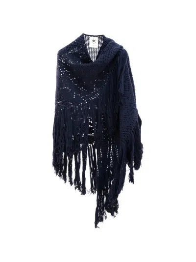 Chiara Is Scialle Coperta Peonia Crochet-knit Fringed Shawl In Blue