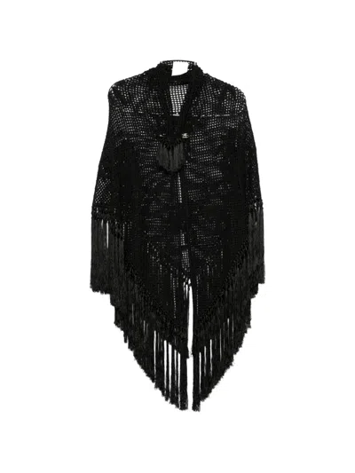 Chiara Is Scialle Rosa Crochet Fringe-trimmed Poncho In Black