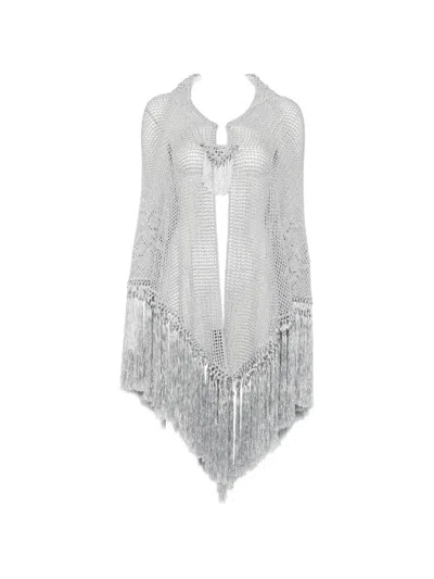 Chiara Is Scialle Rosa Fringed-trim Crochet-knit Poncho In Silver