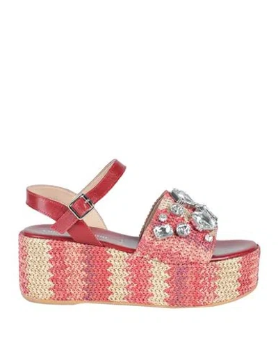 Chiara Pasquini Pasquini Woman Espadrilles Brick Size 7 Natural Raffia, Leather In Red
