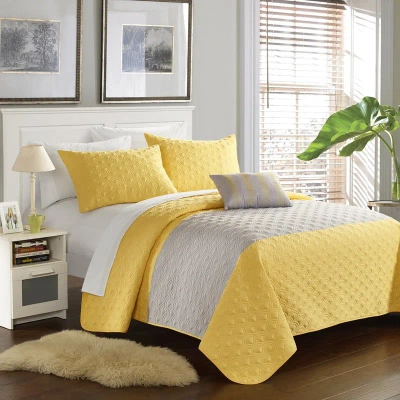 Chic Home Design Walker 4 Piece Quilt Cover Set Contemporary Two Tone Geometric Embroidered Quilted Bedding In Yellow
