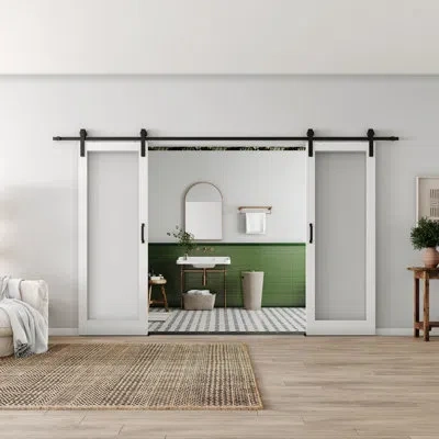 Chic Mode 1-lite Paneled Wood And Glass Sliding Barn Door With Installation Hardware Kit In White