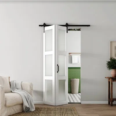 Chic Mode 3 Lite White Frosted Glass Prefinished Bi-fold Barn Door With Hardware Kit - Easy Assembly Required