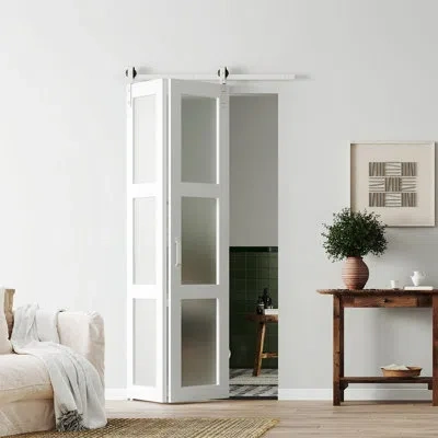 Chic Mode 3-lite Frosted Glass Design Double Bifold Barn Door With Silver Hardware In White