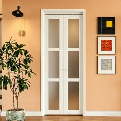 Chic Mode 3-lite Glass Door Solid Manufactured Wood Bi-fold Door With Installation Hardware Kit In White