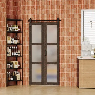 Chic Mode 3-panel Frosted Glass Bi-fold Barn Door - Light Gray Wood Grain Striped, Unfinished, Hardware Kit In In White