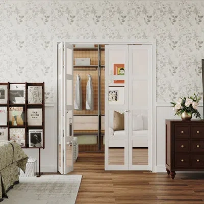 Chic Mode 4-lite Mirror Folding Double Doors Manufacture Wood Bi-fold Doors In White
