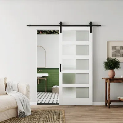 Chic Mode 5-lite Frosted Glass Barn Door With Solid Manufacture Wood Include Hardware Kit In White